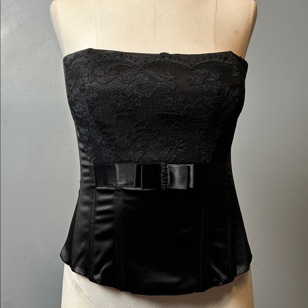 Vintage OLVI'S Black Satin Lace Bustier with front beaded bow Top sz 6